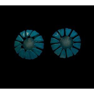 Vtg Midcentury 2-Tone Aqua Figural Flower Clip-On Earrings Riveted Construction